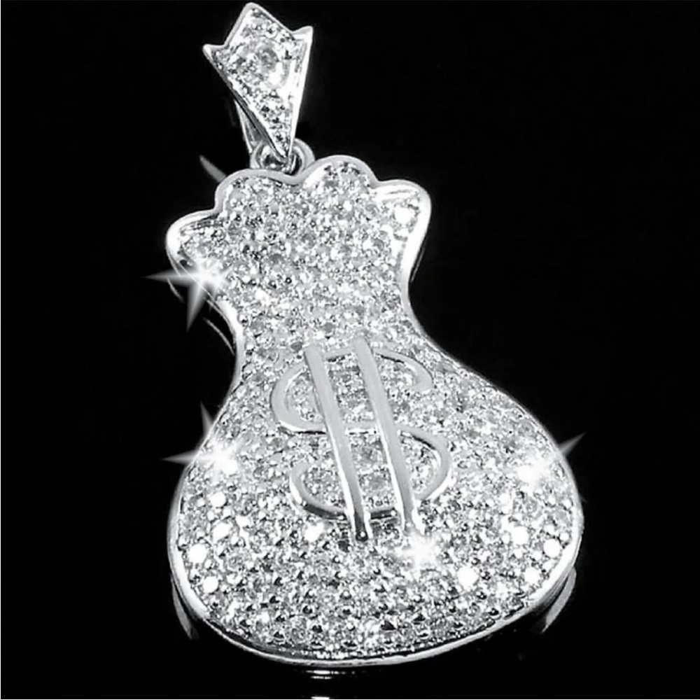 NEW Micro Pave Set Cz silver MONEY BAGS Pendant Omega Slide necklace Medallion